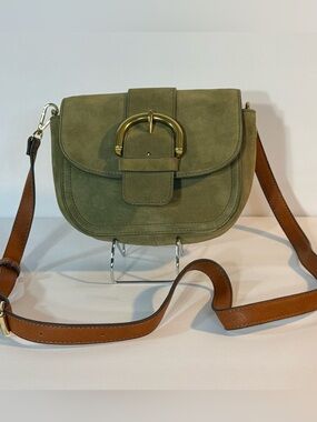 Olive Green Suede Saddle Bag Crossbody Gold Buckle Boho Chic Purse